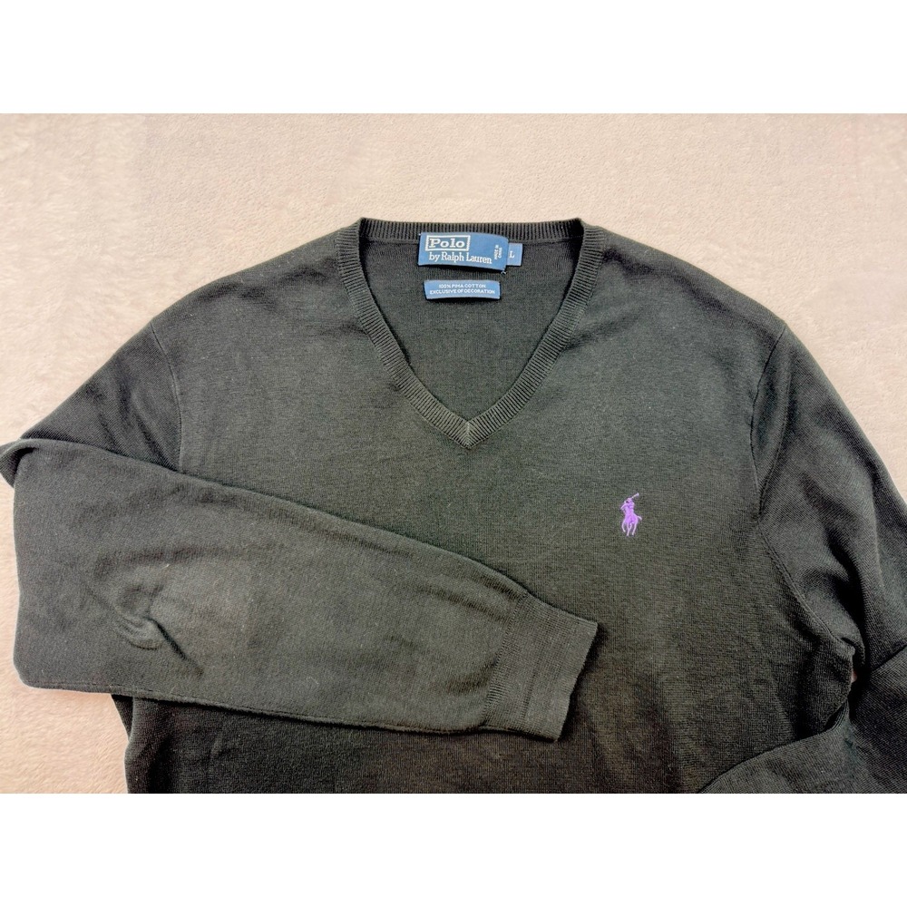 Polo Ralph Lauren V Neck Sweater Large 100%‎ Pima Cotton Black Pony Old Money